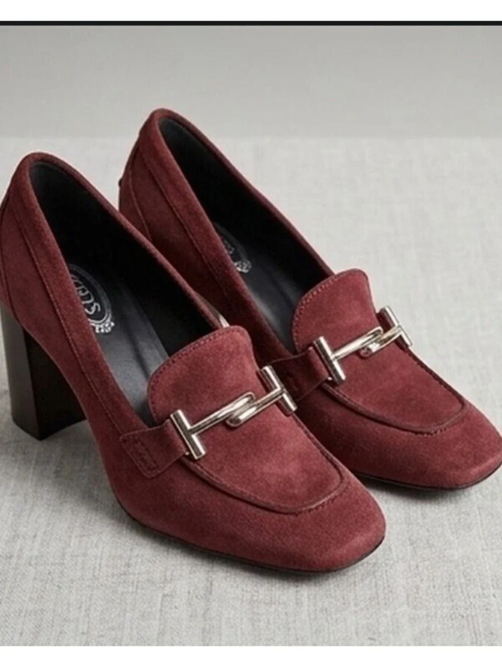 Tod's T Timeless Suede Heeled Loafers Burgundy Gold T Hardware Womens Sz 8